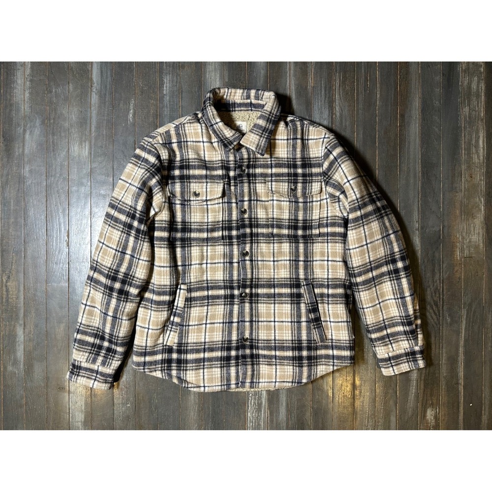 Surfside Supply Mens Sherpa Lined Flannel Shirt Jacket Plaid Tan Navy Blue